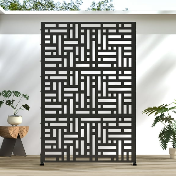 MAYEERTY 72*47" Outdoor Black Metal Sheet Freestanding Privacy Panel Screen for Patio, Street Pattern