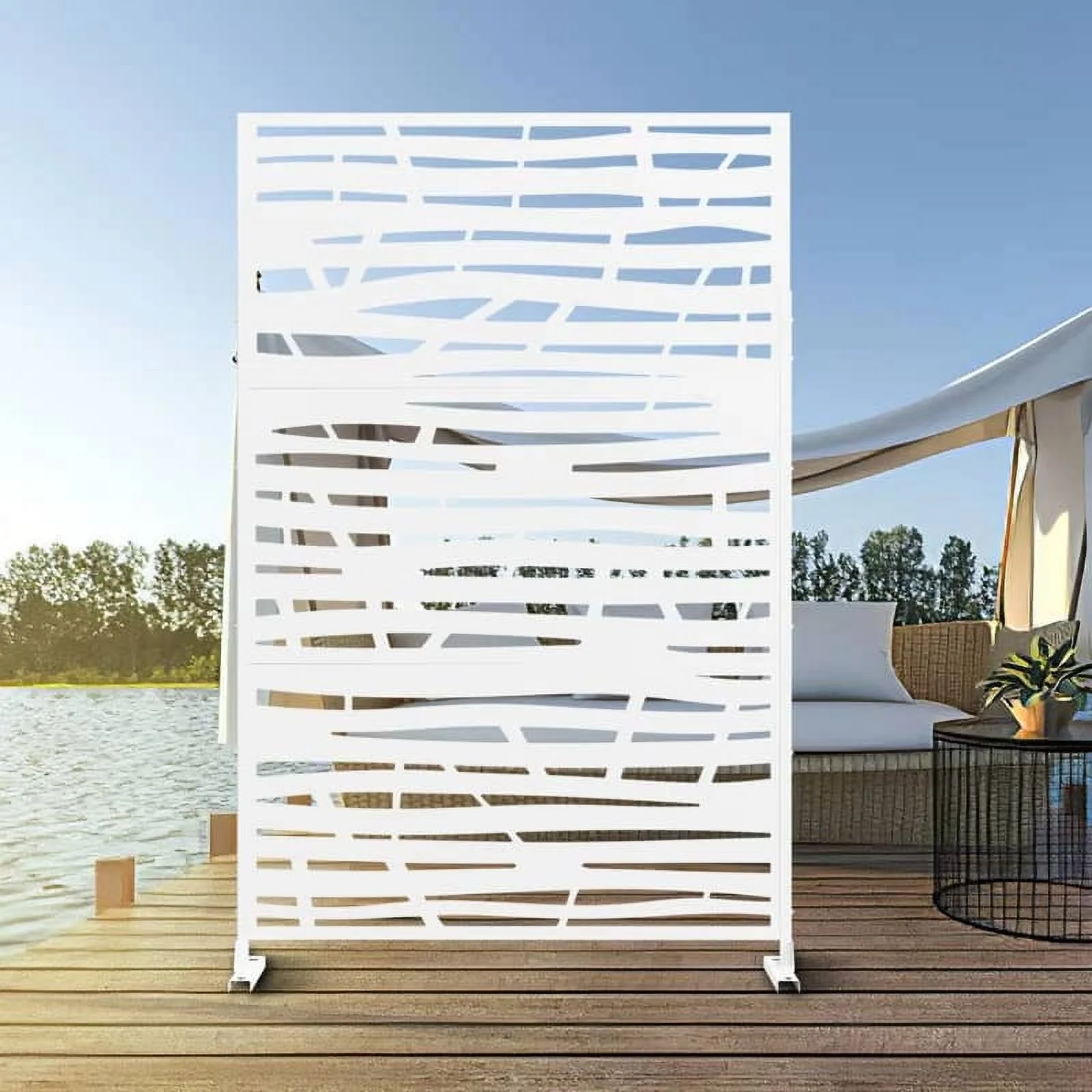 MAYEERTY 72*47" Outdoor White Metal Freestanding Panel Screen for Patio, Jungle Pattern