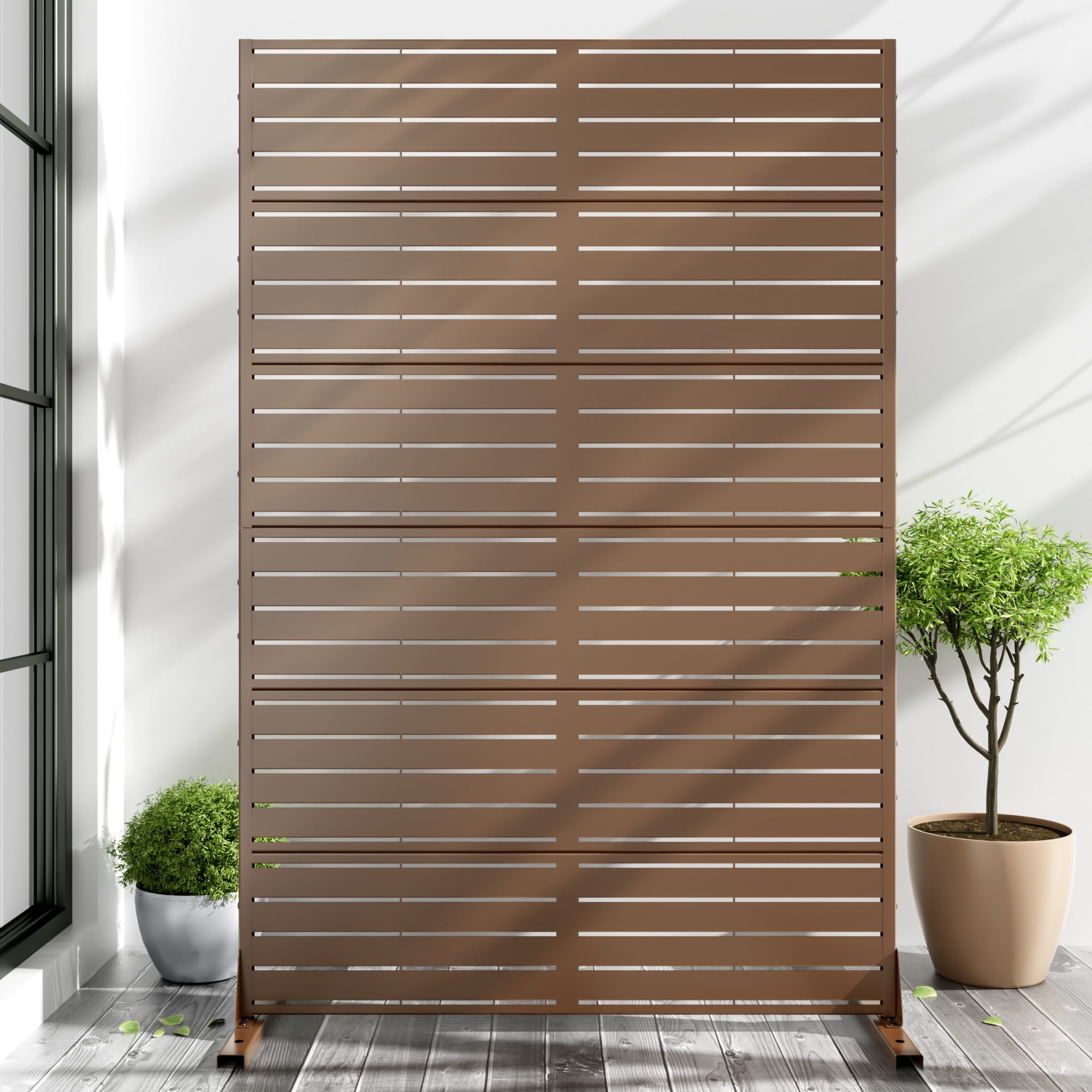 MAYEERTY 72*47" Outdoor Brown Metal Privacy Panel Screen for Patio, Classic Louvered