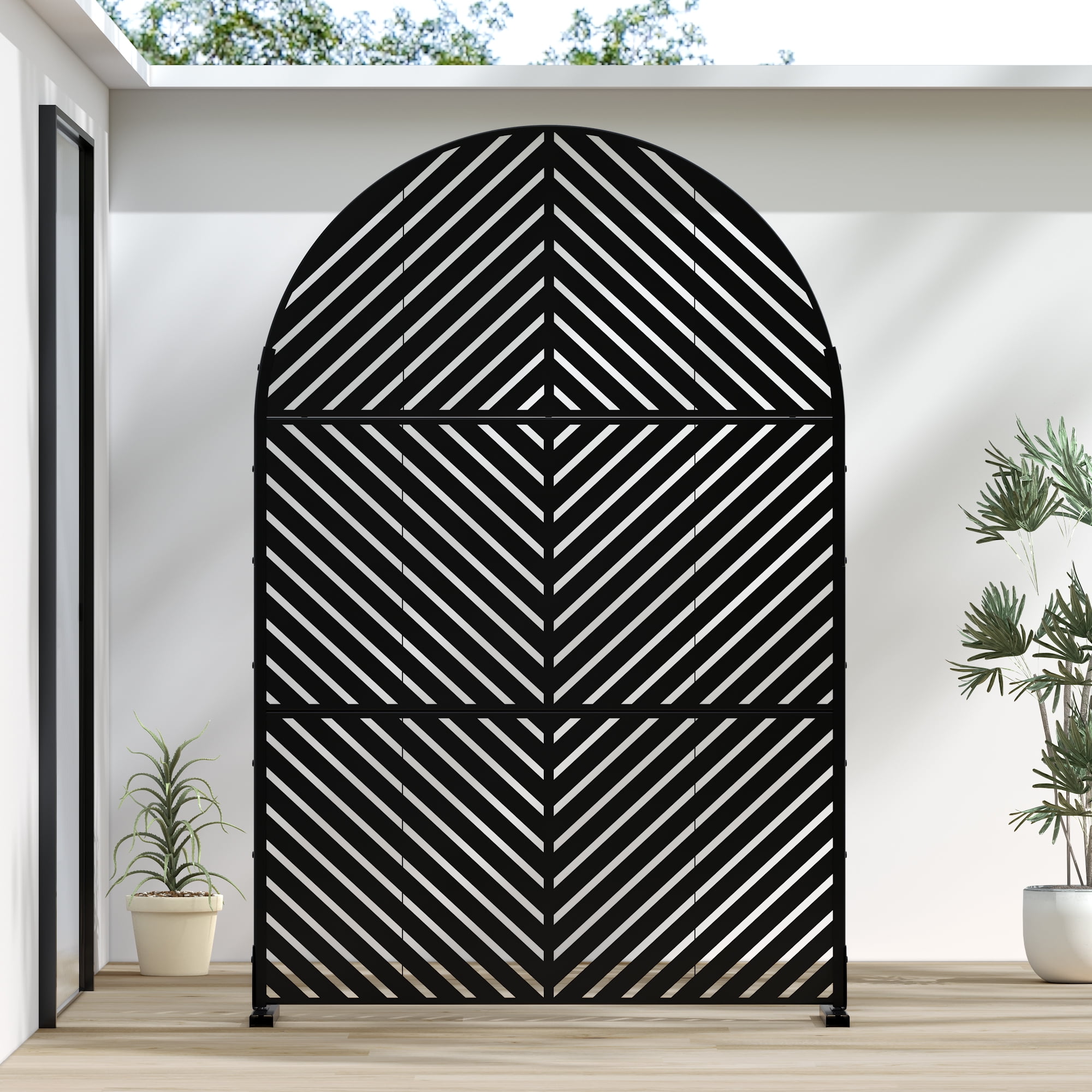 MAYEERTY 72*47" Outdoor Black Arched Metal Privacy Panel Screen for Patio, Parallel Line Pattern