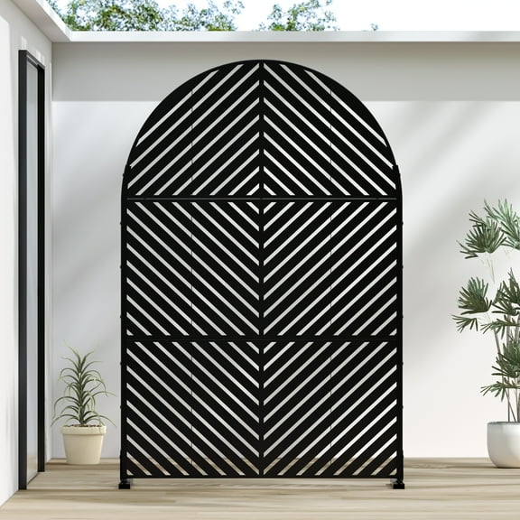 MAYEERTY 72*47" Outdoor Black Arched Metal Privacy Panel Screen for Patio, Parallel Line Pattern