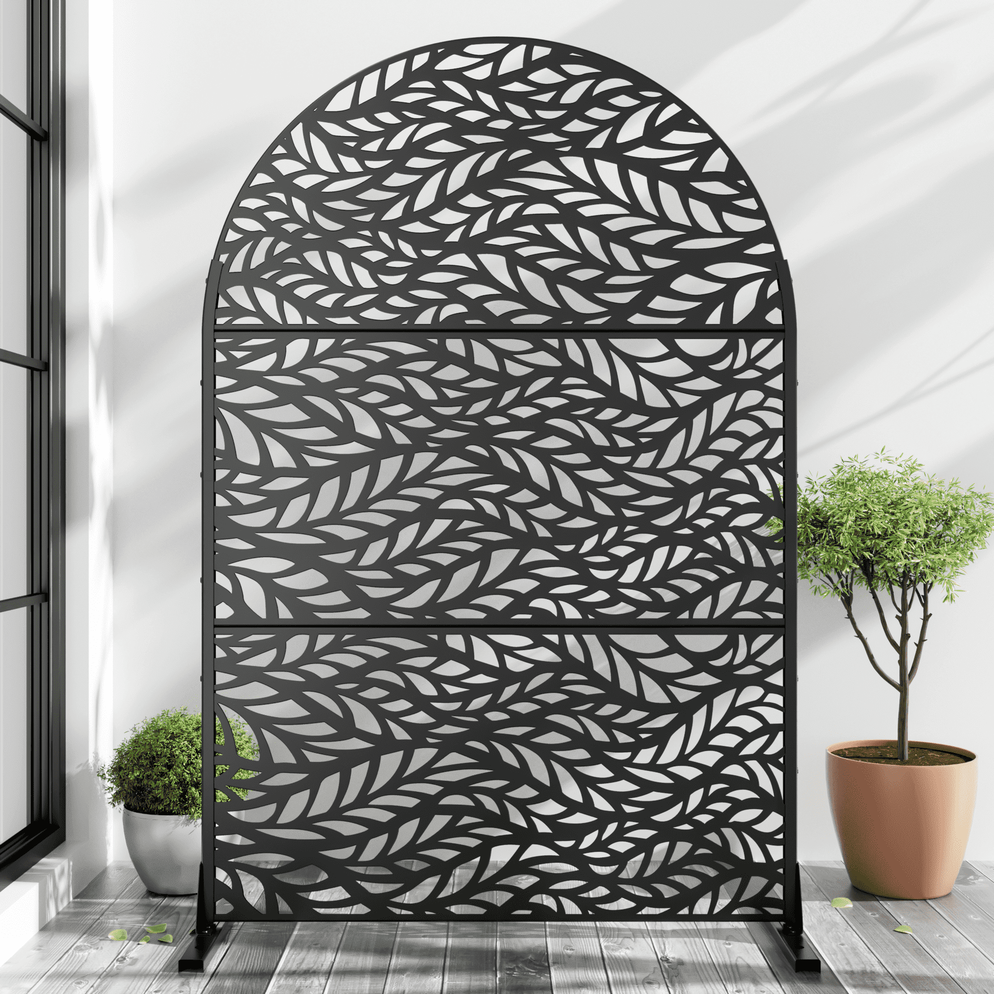 MAYEERTY 72*47" Outdoor Arched Metal Freestanding Privacy Panel Screen, Flowing Leaf Pattern, Black