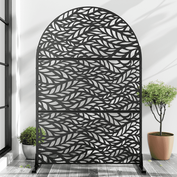 MAYEERTY 72*47" Outdoor Arched Metal Freestanding Privacy Panel Screen, Flowing Leaf Pattern, Black