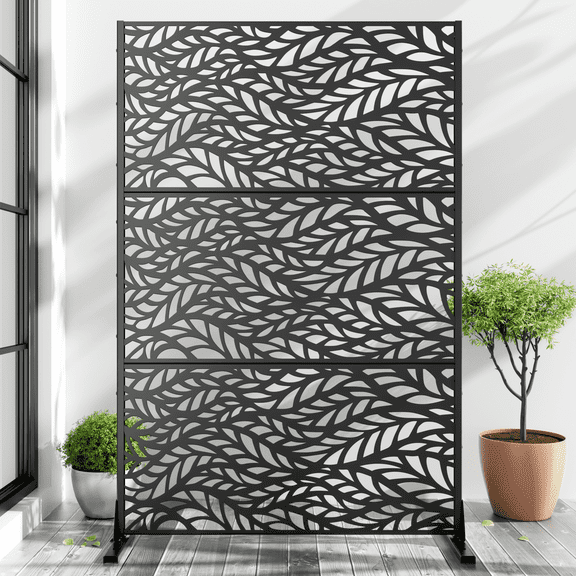 MAYEERTY 72*47" Outdoor Metal Freestanding Privacy Panel Screen for Patio, Flowing Leaf Pattern, Black