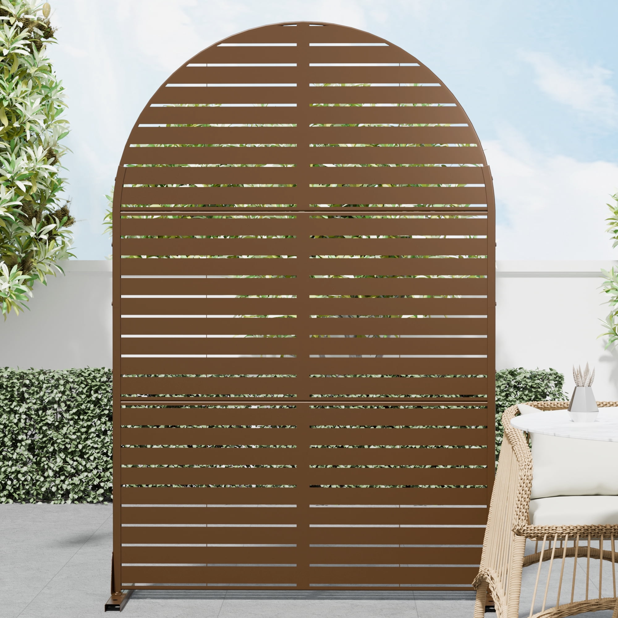 MAYEERTY 72×47" Arched Outdoor Brown Metal Privacy Panel Screen for Backyard & Garden, Louvered Pattern