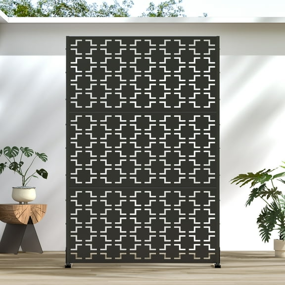 MAYEERTY 72×47" Outdoor Black Metal Privacy Panel Screen for Backyard & Garden, Geometric Square Pattern