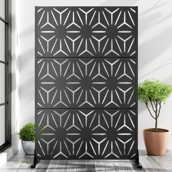 MAYEERTY 72×47" Outdoor Black Metal Privacy Panel Screen for Backyard & Garden, Geometric Starburst Pattern