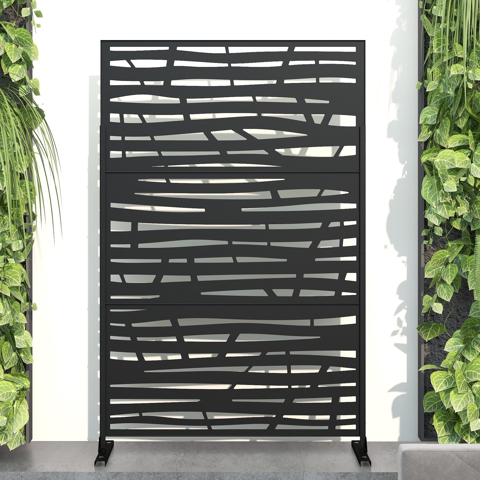 MAYEERTY 72×47" Outdoor Black Metal Privacy Panel Screen for Backyard & Garden, Geometric Vine and Thorn Pattern