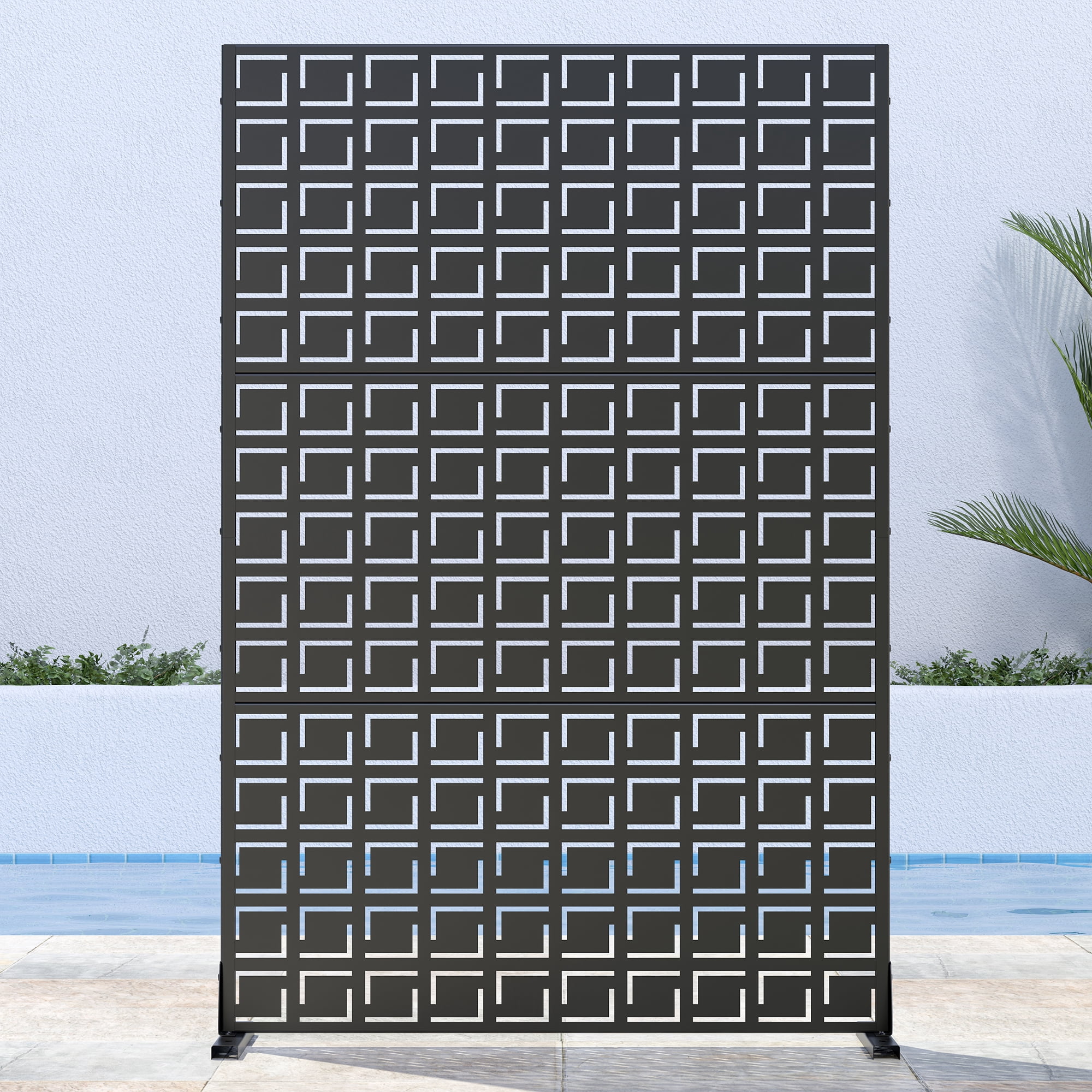 MAYEERTY 72×47" Outdoor Black Metal Privacy Panel Screen for Backyard & Garden, Interlocking Square Pattern