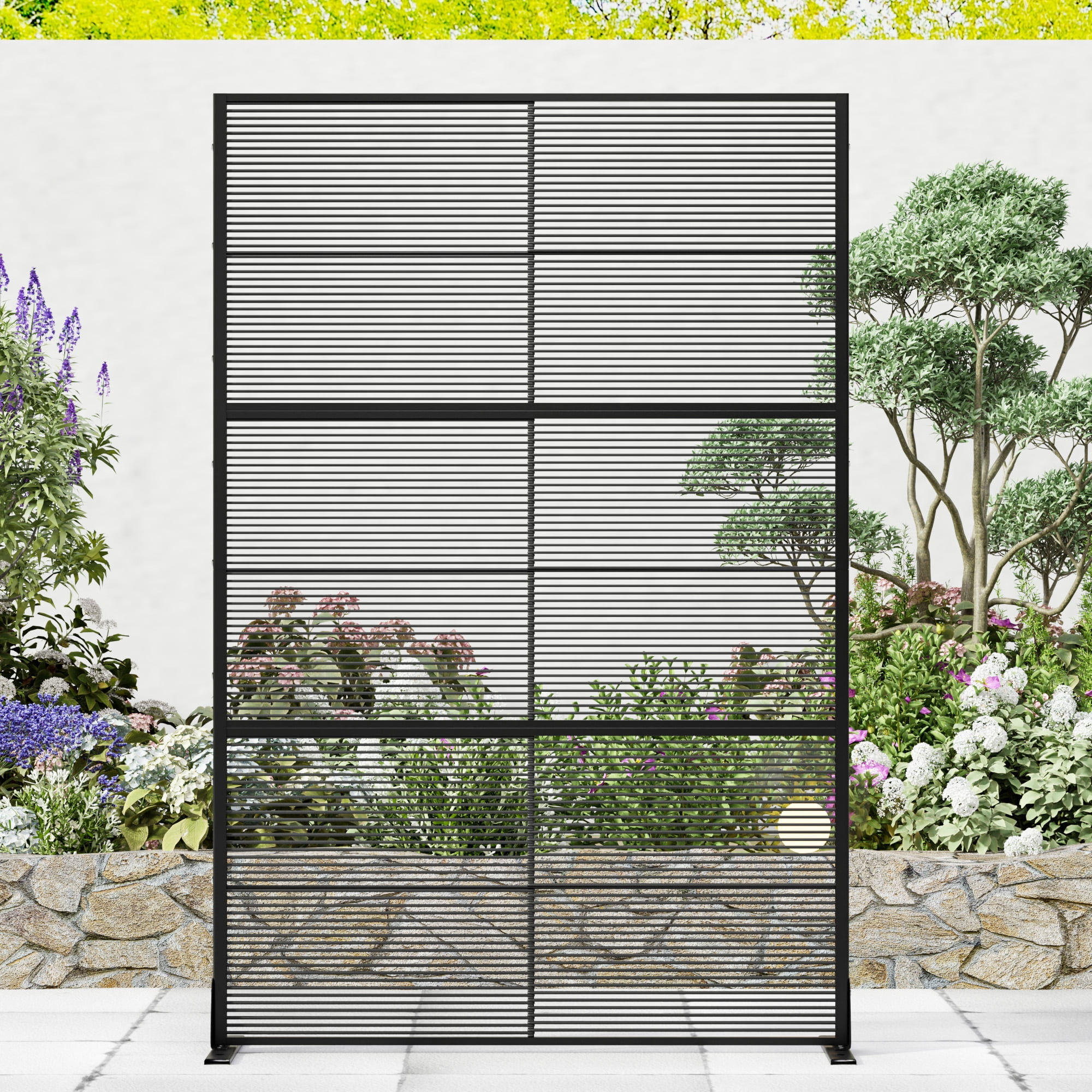 MAYEERTY 72×47" Outdoor Black Rattan Privacy Panel Screen for Backyard & Garden, Vertical Striped Pattern