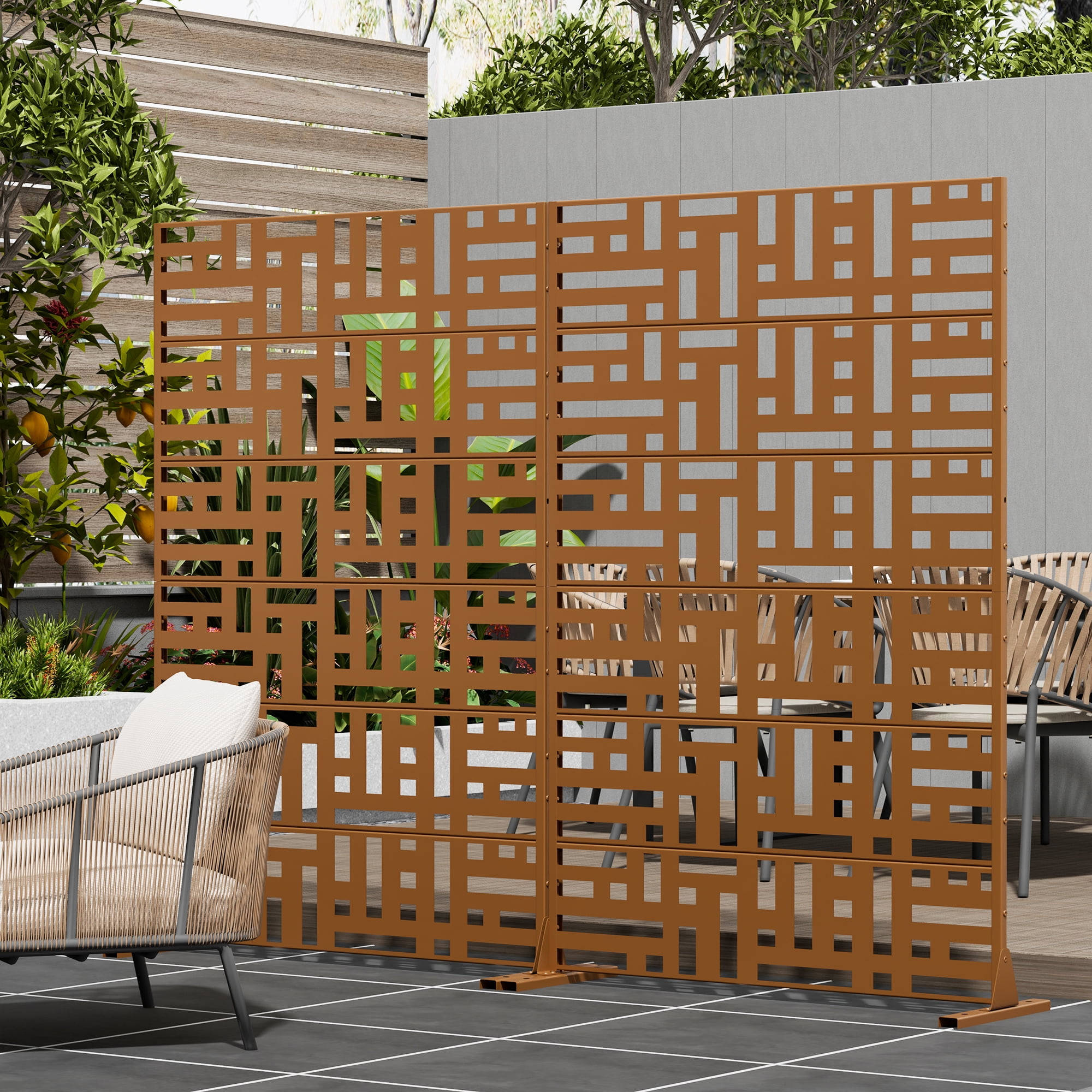 MAYEERTY 72×47" Outdoor Brown Metal Privacy Panel Screen for Backyard & Garden, Geometric Maze Pattern