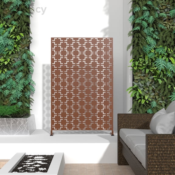 MAYEERTY 72×47" Outdoor Brown Metal Privacy Panel Screen for Backyard & Garden, Geometric Square Pattern