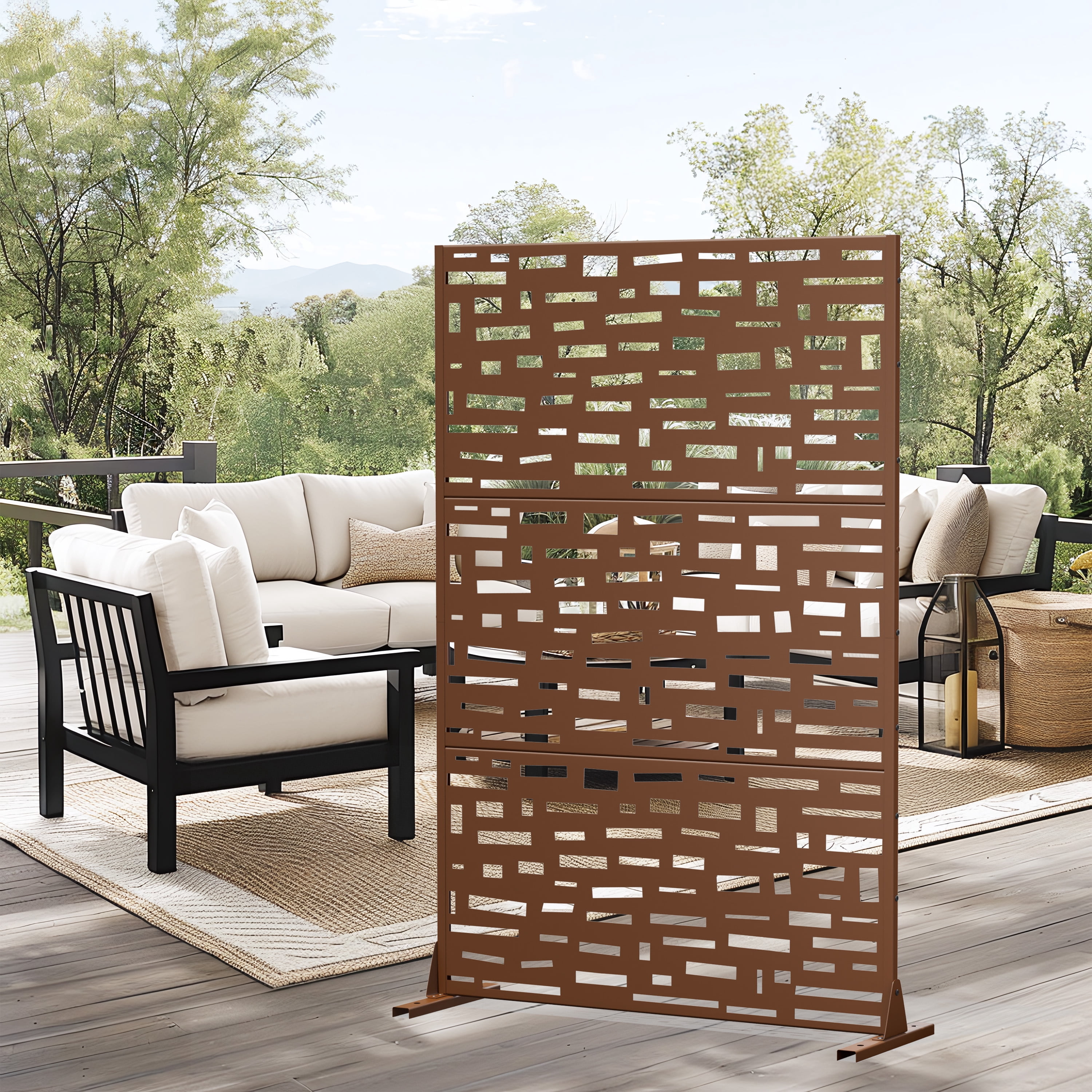 MAYEERTY 72×47" Outdoor Brown Metal Privacy Panel Screen for Backyard & Garden, Wide Street Pattern
