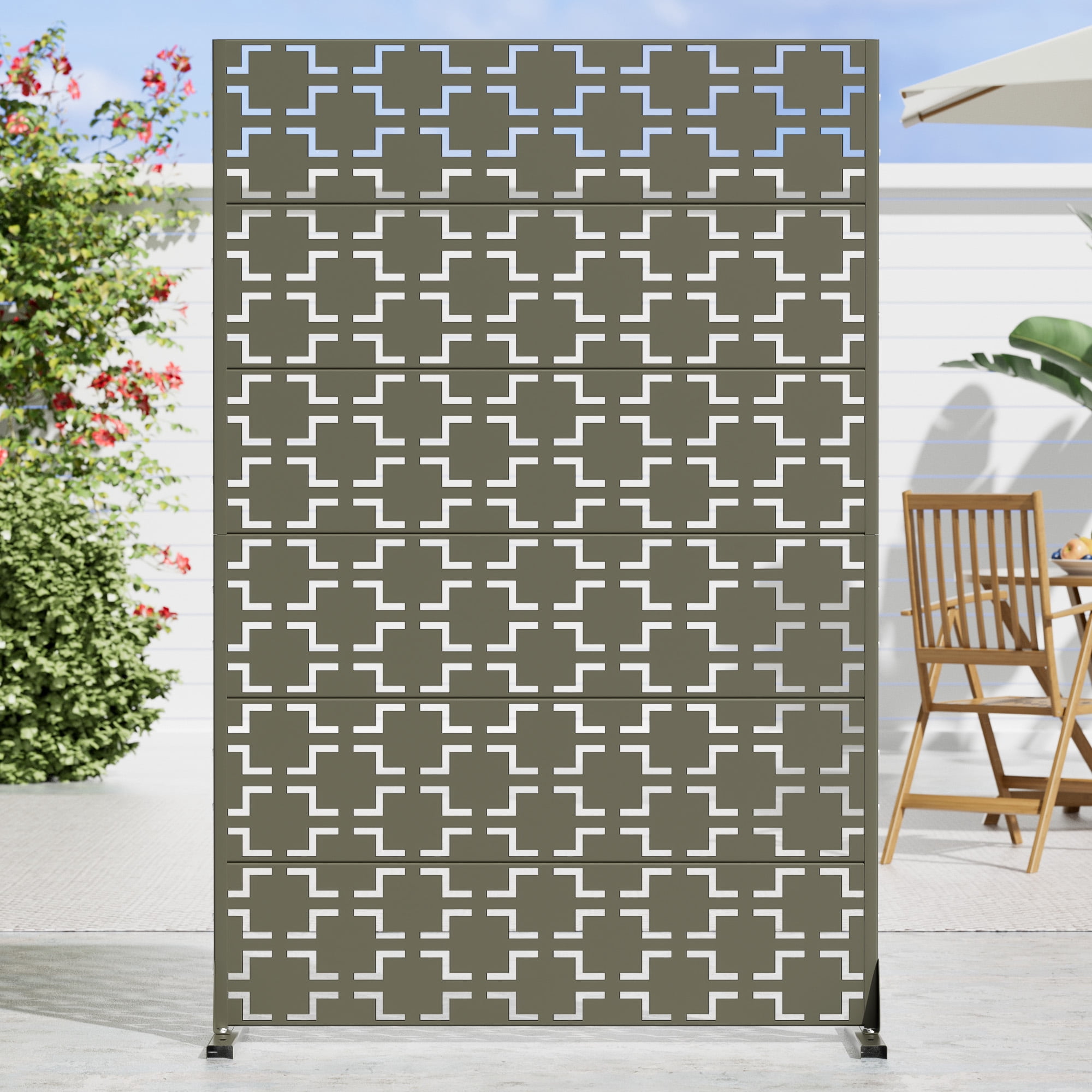 MAYEERTY 72×47" Outdoor Gray Olive Metal Privacy Panel Screen for Backyard & Garden, Geometric Square Pattern