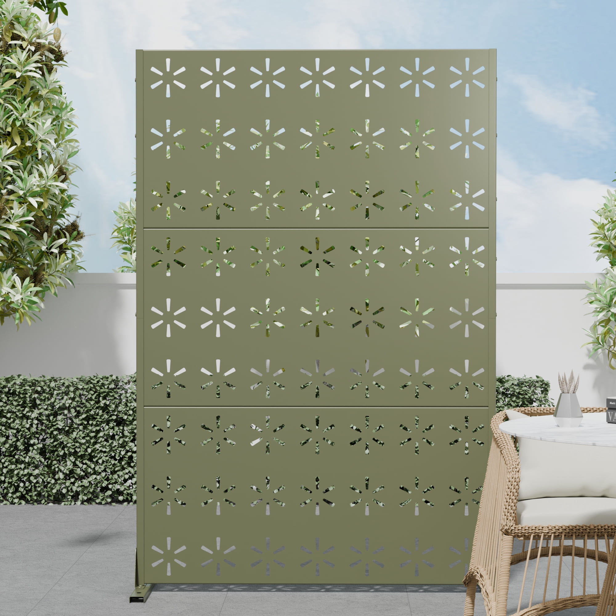 MAYEERTY 72×47" Outdoor Gray Olive Metal Privacy Panel Screen for Backyard & Garden, Snowflake Pattern