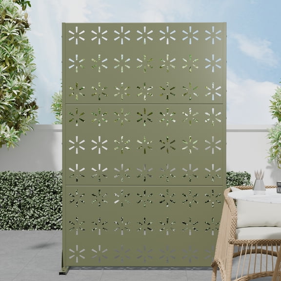 MAYEERTY 72×47" Outdoor Gray Olive Metal Privacy Panel Screen for Backyard & Garden, Snowflake Pattern