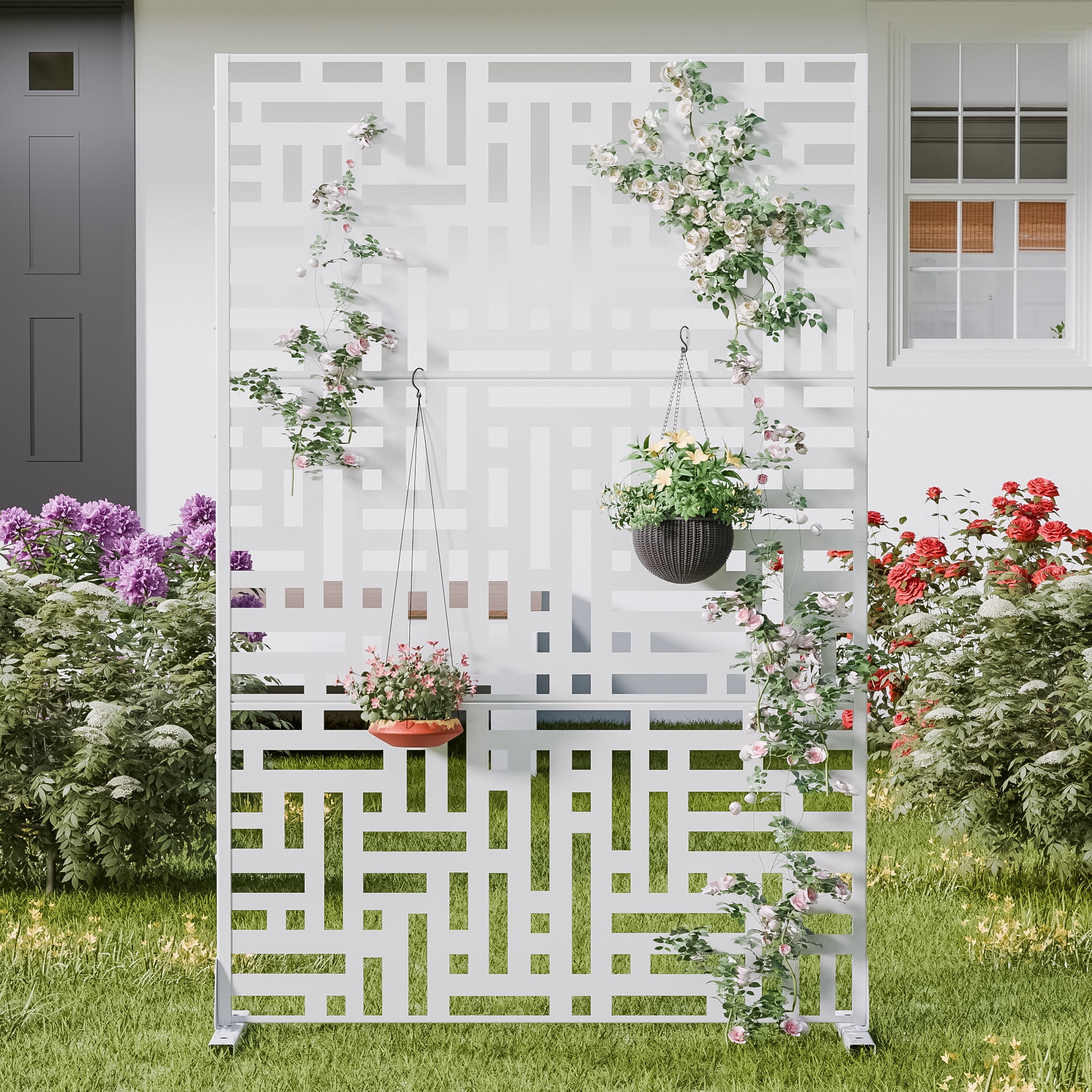 MAYEERTY 72" × 47" Outdoor Privacy Screen, 3 Panels Metal Decorative Screen, White