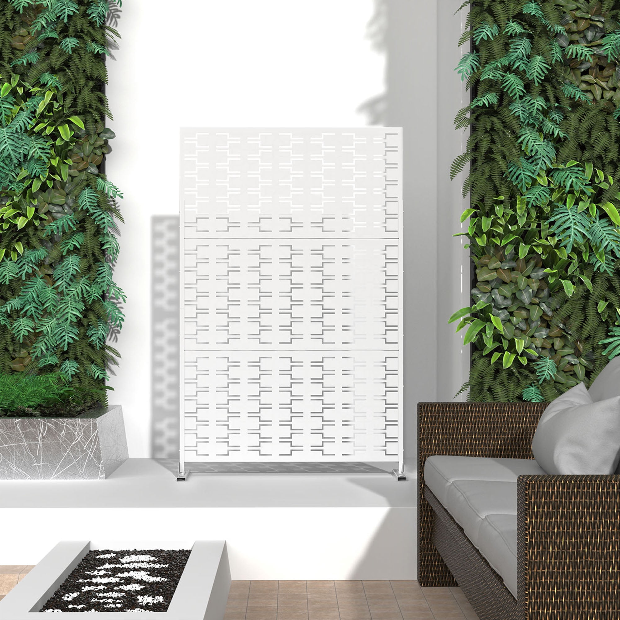 MAYEERTY 72×47" Outdoor White Metal Privacy Panel Screen for Backyard & Garden, Geometric Brick Pattern