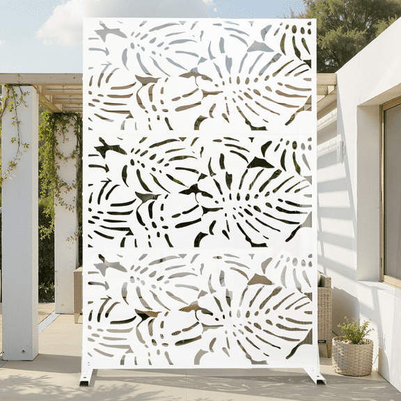 MAYEERTY 72×47" Outdoor White Metal Privacy Panel Screen for Backyard & Garden, Monstera Pattern