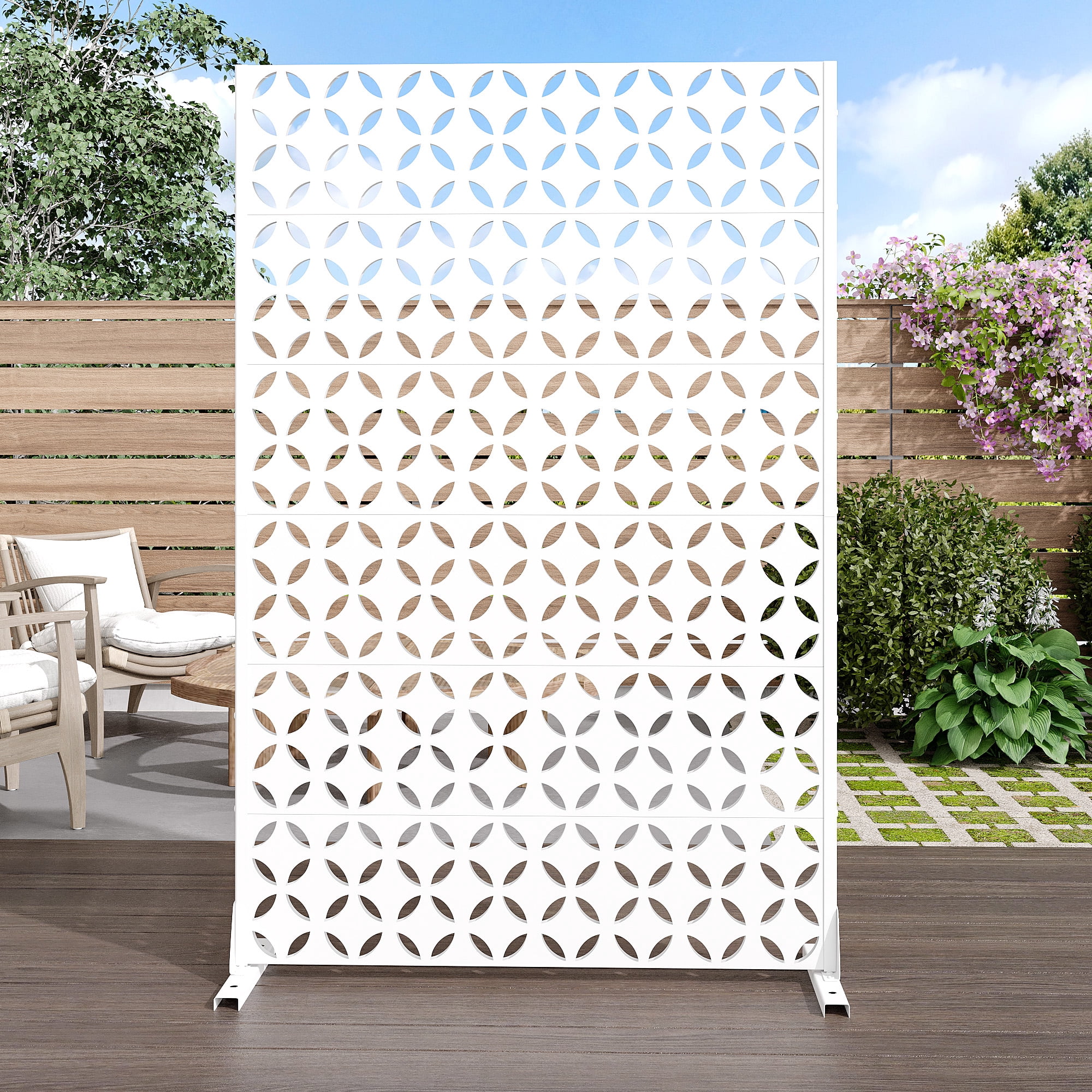 MAYEERTY 72*47" Outdoor White Metal Privacy Panel Screen for Patio, Coin Pattern