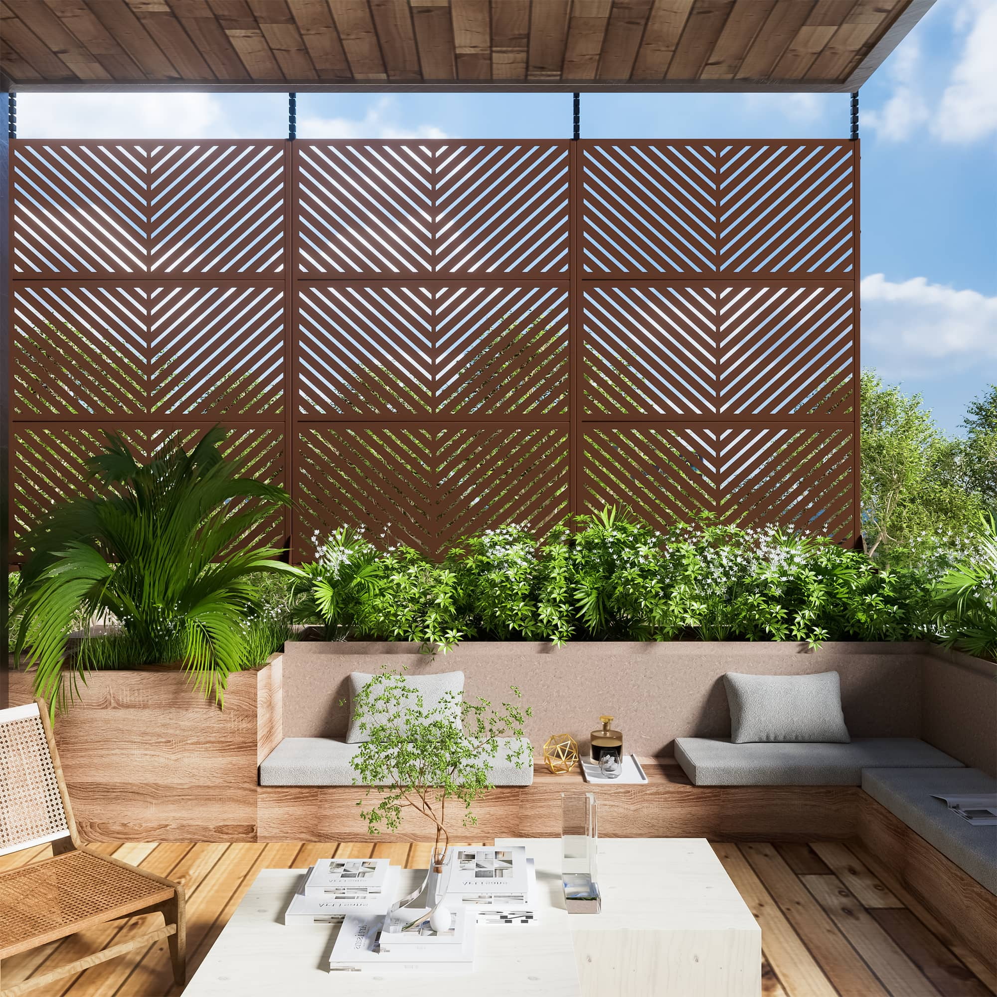 MAYEERTY 72"×47" Parallel Line Outdoor Privacy Weather Resistant Panel Screen,Rust
