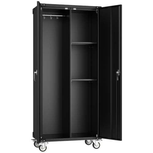 MAYEERTY 72-Inch Black Metal Garage Storage Cabinet, Lockable with Adjustable Shelves and Wheels