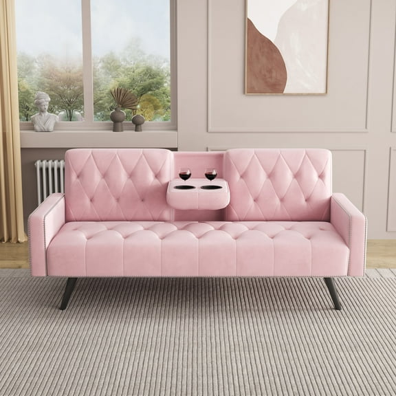 MAYEERTY 72" Sofa Bed Velvet Sofa Couch with 2 Cup Holders for Small Spaces, Pink