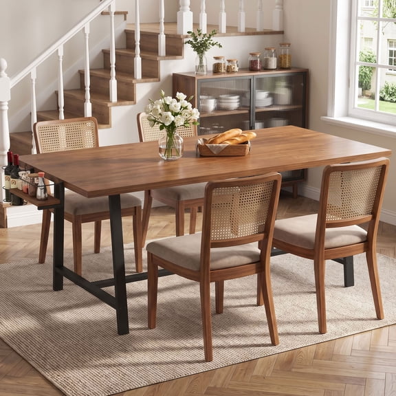 Dovelina 72 in Rectangular Dining Table for 5-7, Industrial Kitchen Table with 2-Bottle Wine Rack and Condiment Holder, for Dining Room, Restaurant
