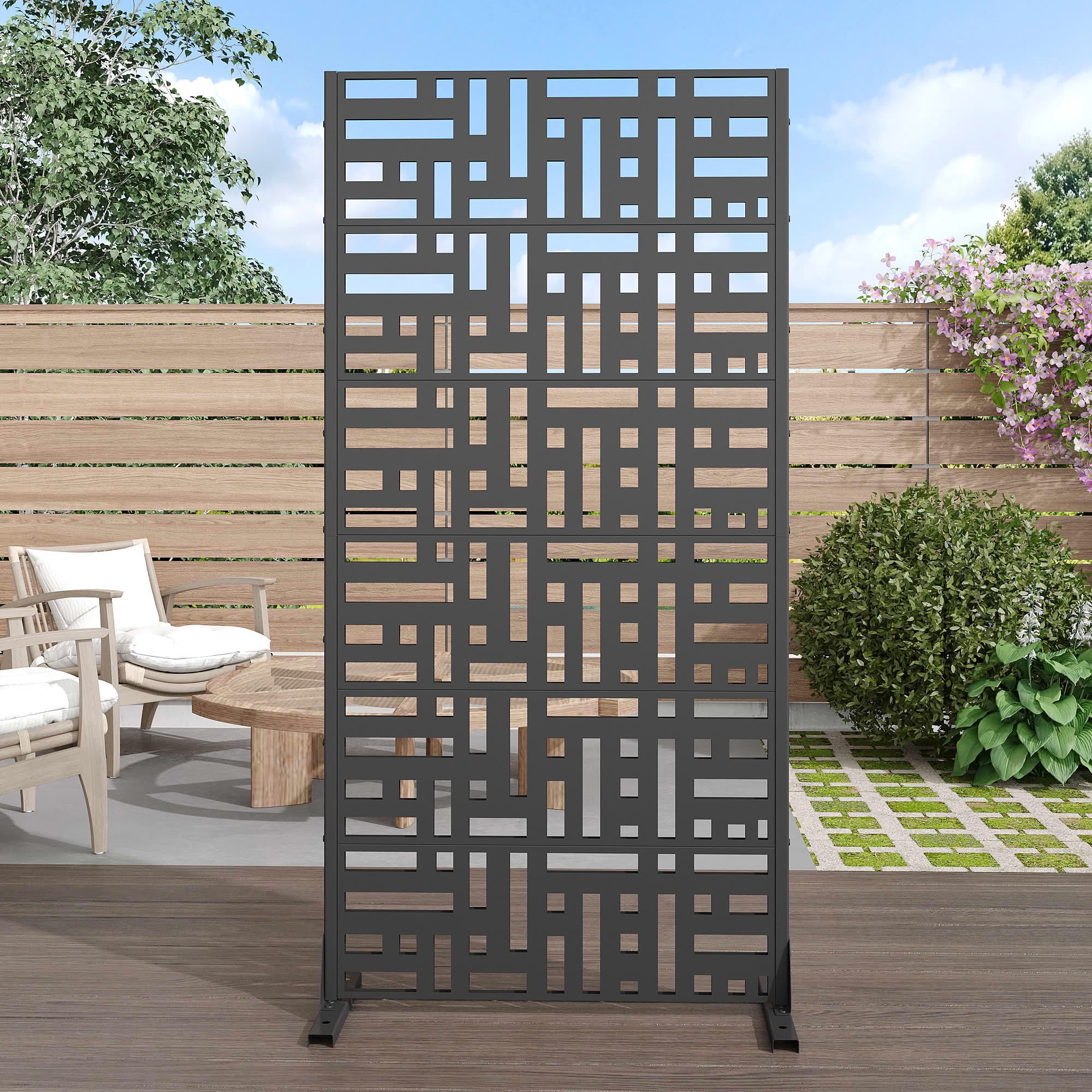 MAYEERTY 72"x35" Decorative Privacy Screen, 6-Panel Black Street Cutout Galvanized Steel Fence, Weather Resistant for Deck Balcony