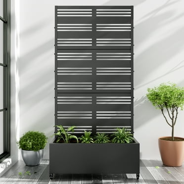 MAYEERTY 72"x35" Metal Black Rectangle Planter Box, Outdoor Raised Garden Beds with Trellis for Vine Climbing Plants
