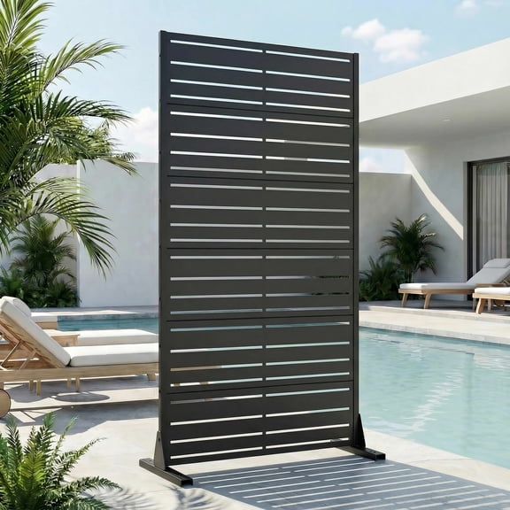 MAYEERTY 72"x35" Outdoor Privacy Screen, Black Wide-1 Narrow-2 Metal Louvered Freestanding Room Divider, for Patio Balcony Backyard