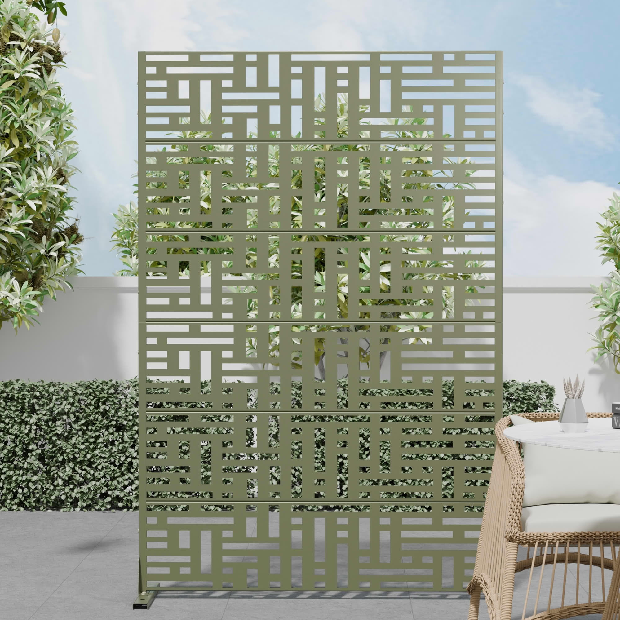 MAYEERTY 72"x47" Decorative Privacy Screen, 6-Panel Gray Olive Street Cutout Galvanized Steel Fence, Weather Resistant for Deck Balcony