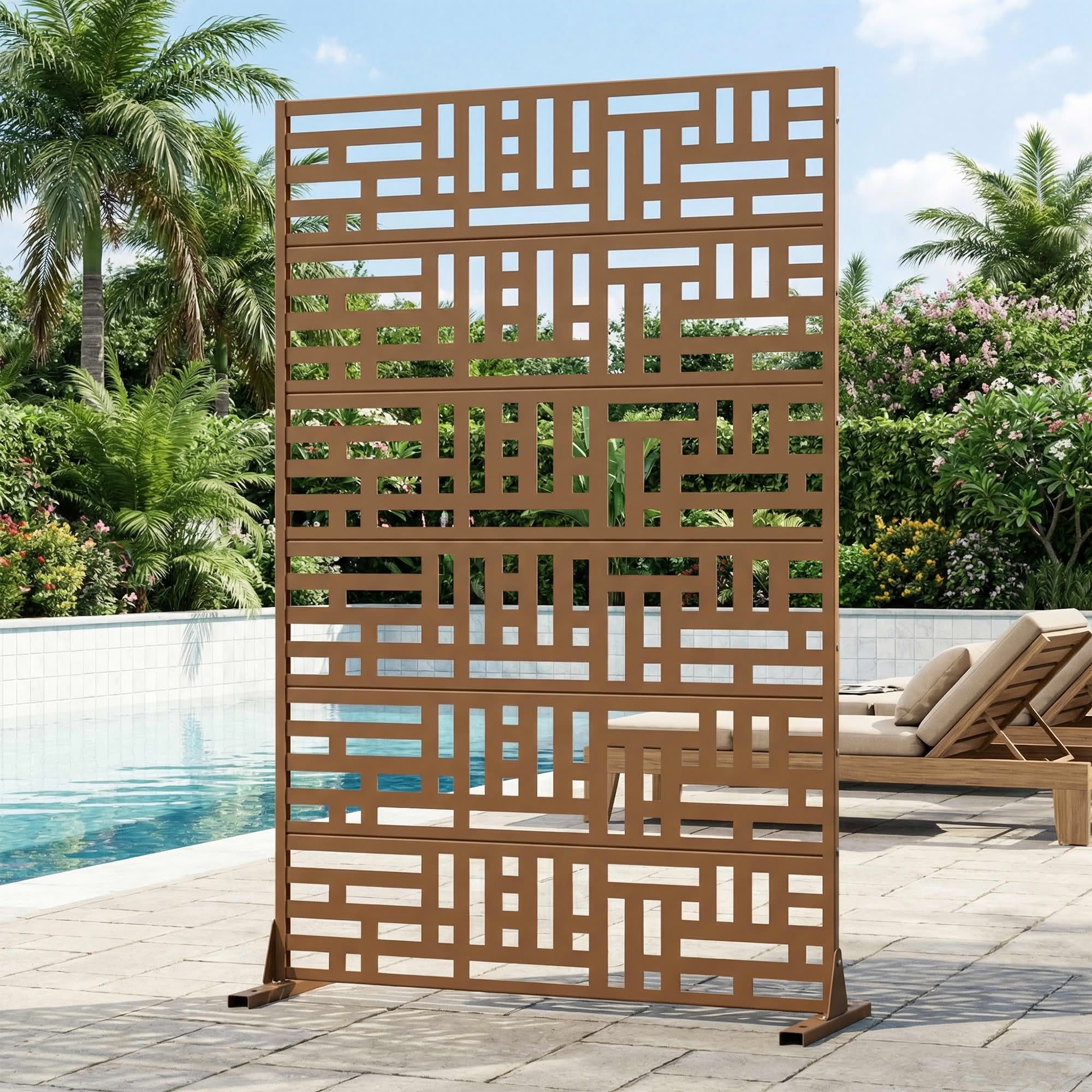 MAYEERTY 72"x47" Outdoor Privacy Fence, 6-Panel Brown Geometric Street Pattern Galvanized Steel Panel, Freestanding for Backyard Garden