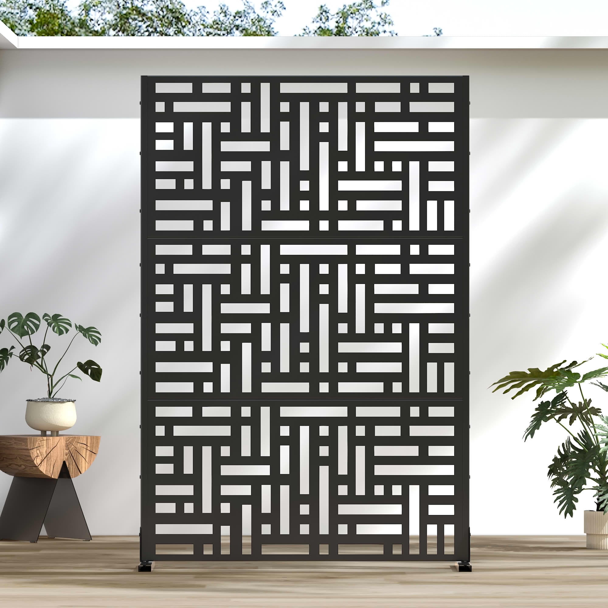 MAYEERTY 72"x47" Outdoor Privacy Screen, 3-Panel Black Street Pattern Galvanized Steel Screen, Decorative Cutout Fence for Patio Yard