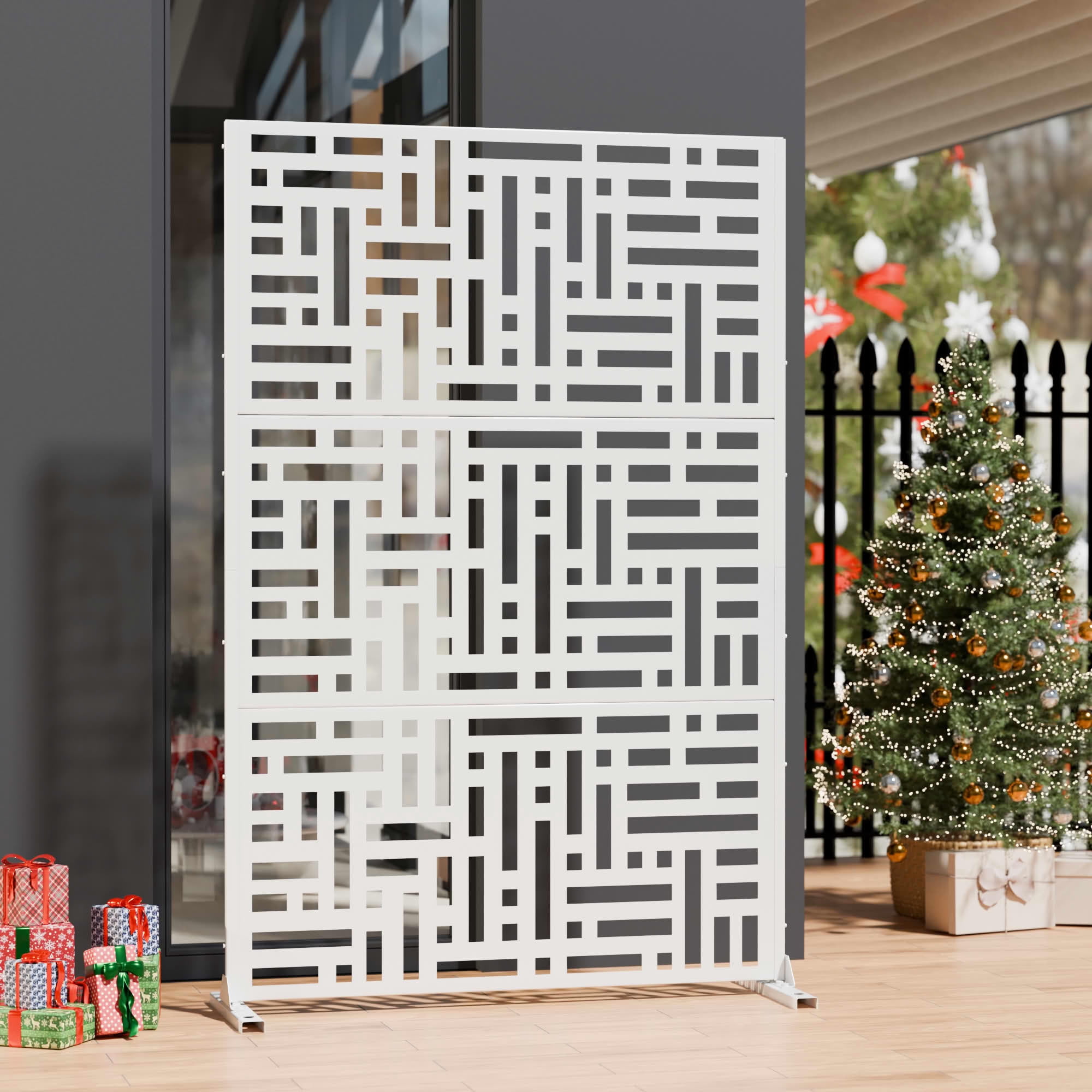 MAYEERTY 72"x47" Outdoor Privacy Screen, 3-Panel White Street Pattern Galvanized Steel Screen, Decorative Cutout Fence for Patio Yard