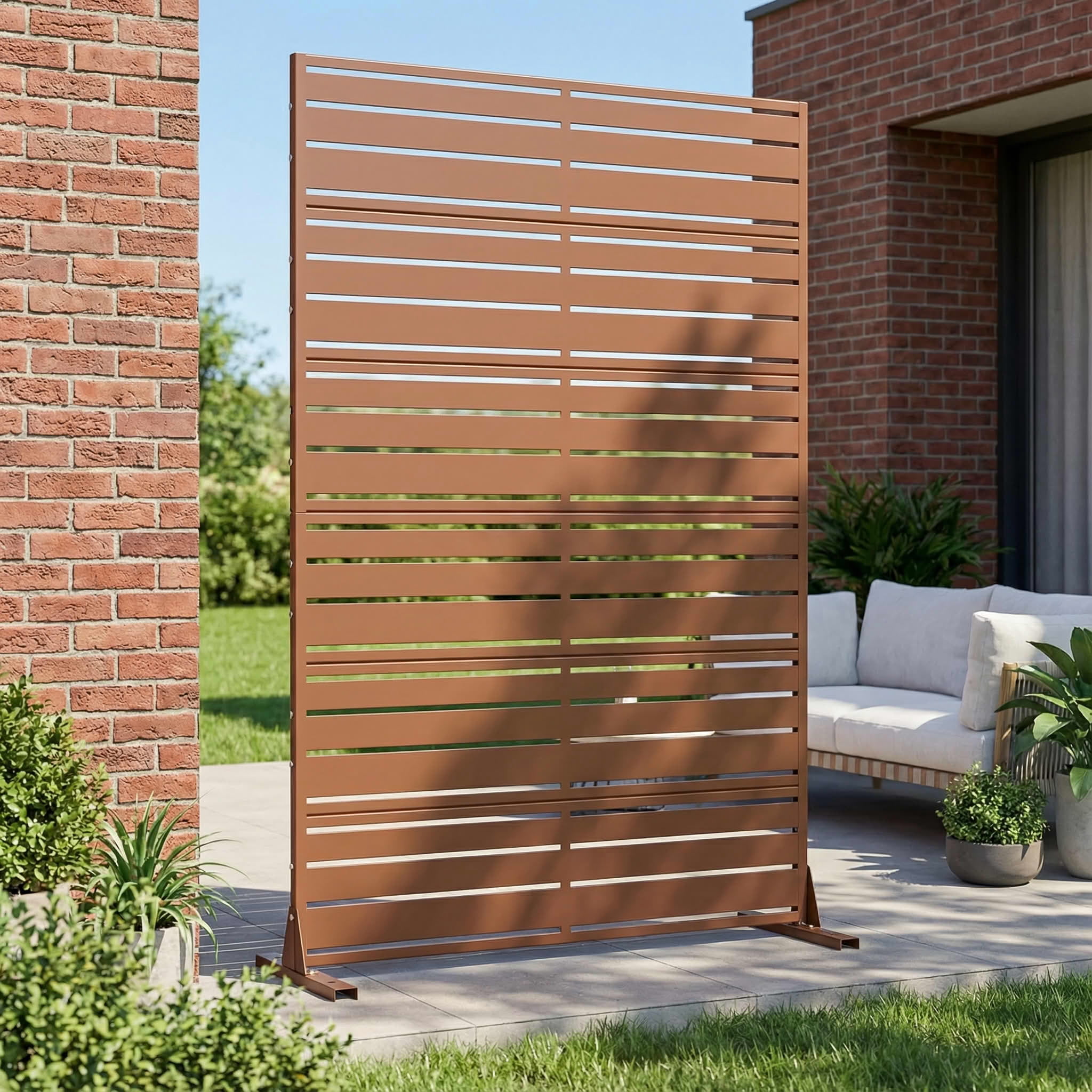 MAYEERTY 72"x47" Outdoor Privacy Screen, Brown 6-Panel Galvanized Steel Louver Panel, Wide-Narrow Pattern, for Balcony Deck Garden