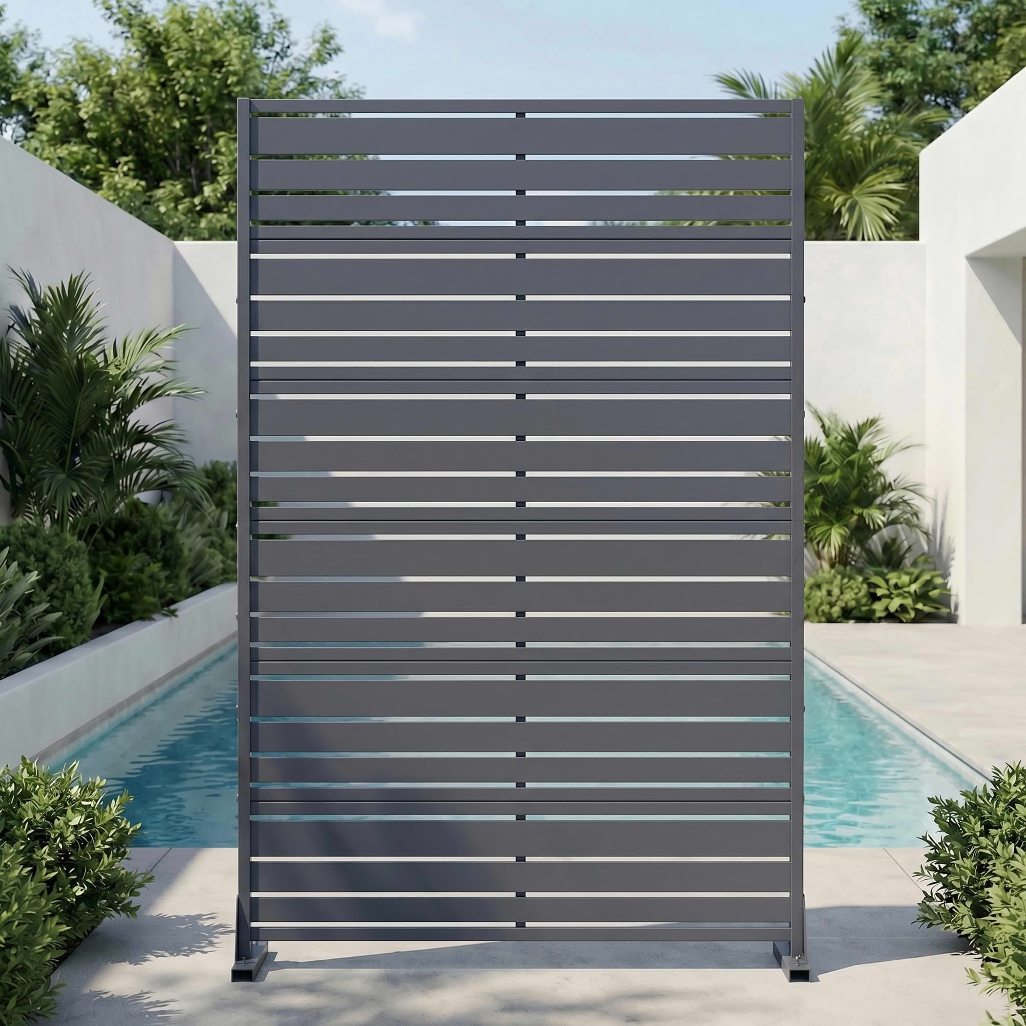 MAYEERTY 72"x47" Privacy Screen, Basalt Ash 6-Panel Galvanized Steel Louvered Fence, Wide-1 Narrow-2, Freestanding for Patio Backyard