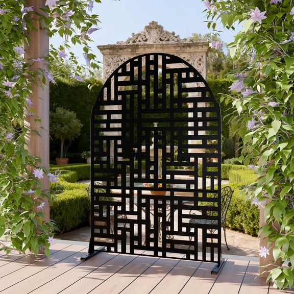 MAYEERTY 72"x47" Privacy Screen, Black Street Pattern 3-Panel Galvanized Steel Screen, Decorative Cutout Fence for Outdoor Patio Yard