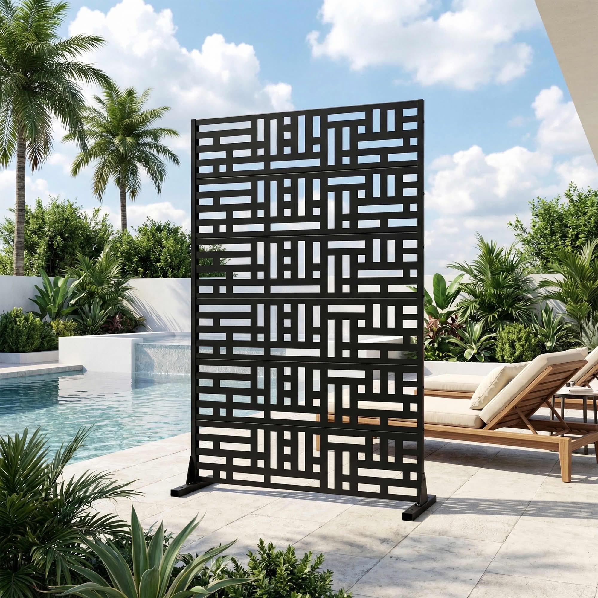 MAYEERTY 72"x47" Privacy Screen, Black Street Pattern 6-Panel Galvanized Steel Screen, Decorative Cutout Fence for Outdoor Patio Yard