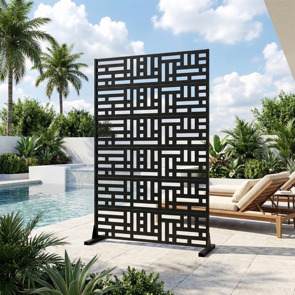 MAYEERTY 72"x47" Privacy Screen, Black Street Pattern 6-Panel Galvanized Steel Screen, Decorative Cutout Fence for Outdoor Patio Yard