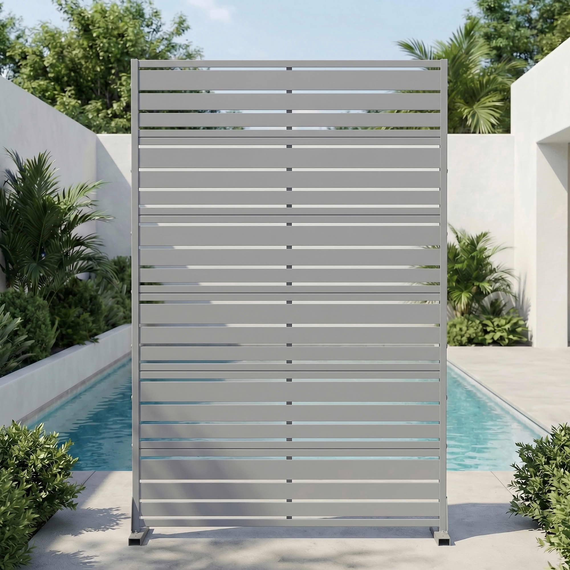 MAYEERTY 72"x47" Privacy Screen, Gray 6-Panel Galvanized Steel Louvered Fence, Wide-1 Narrow-2 Style, Freestanding for Patio Backyard