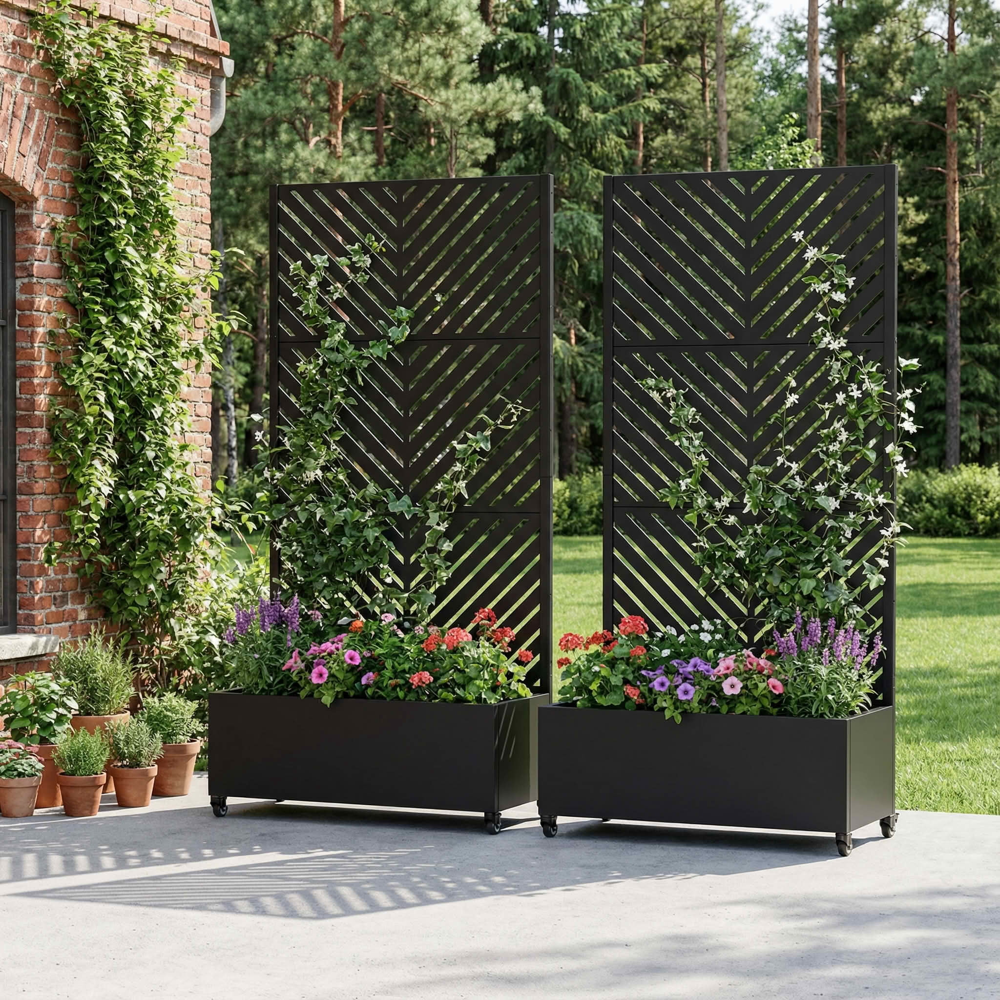 MAYEERTY 72X35" Metal Outdoor Black Privacy Screen with Planter Box for Backyard & Garden, 3 Piece Set, Double‑sided Installation