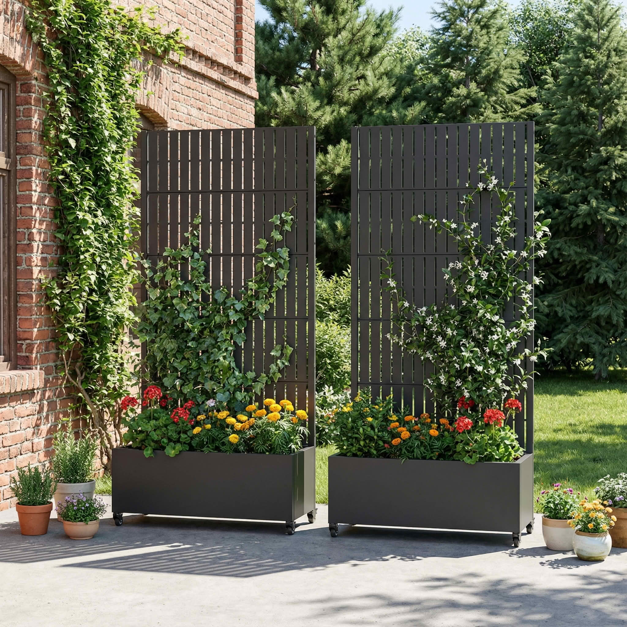 MAYEERTY 72X35" Metal Outdoor Black Privacy Screen with Planter Box for Backyard & Garden, 5 Piece Set, Double‑sided Installation