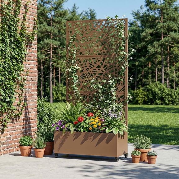 MAYEERTY 72X35" Metal Outdoor Brown Privacy Screen with Planter Box for Backyard & Garden, 3 Piece Set
