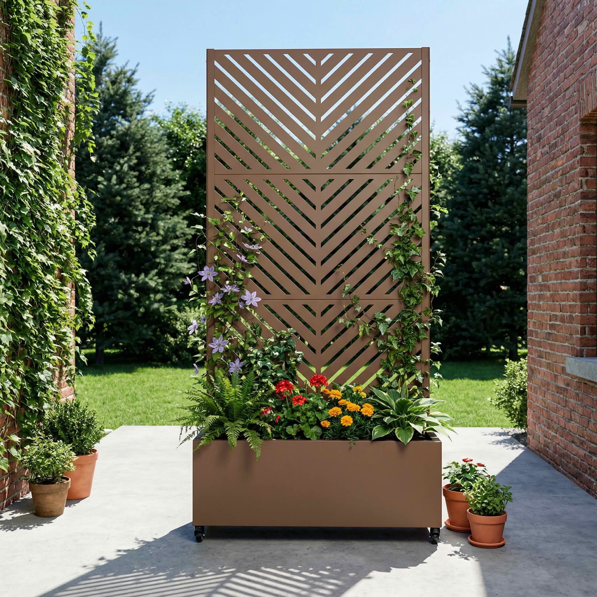 MAYEERTY 72X35" Metal Outdoor Brown Privacy Screen with Planter Box for Backyard & Garden, 3 Piece Set