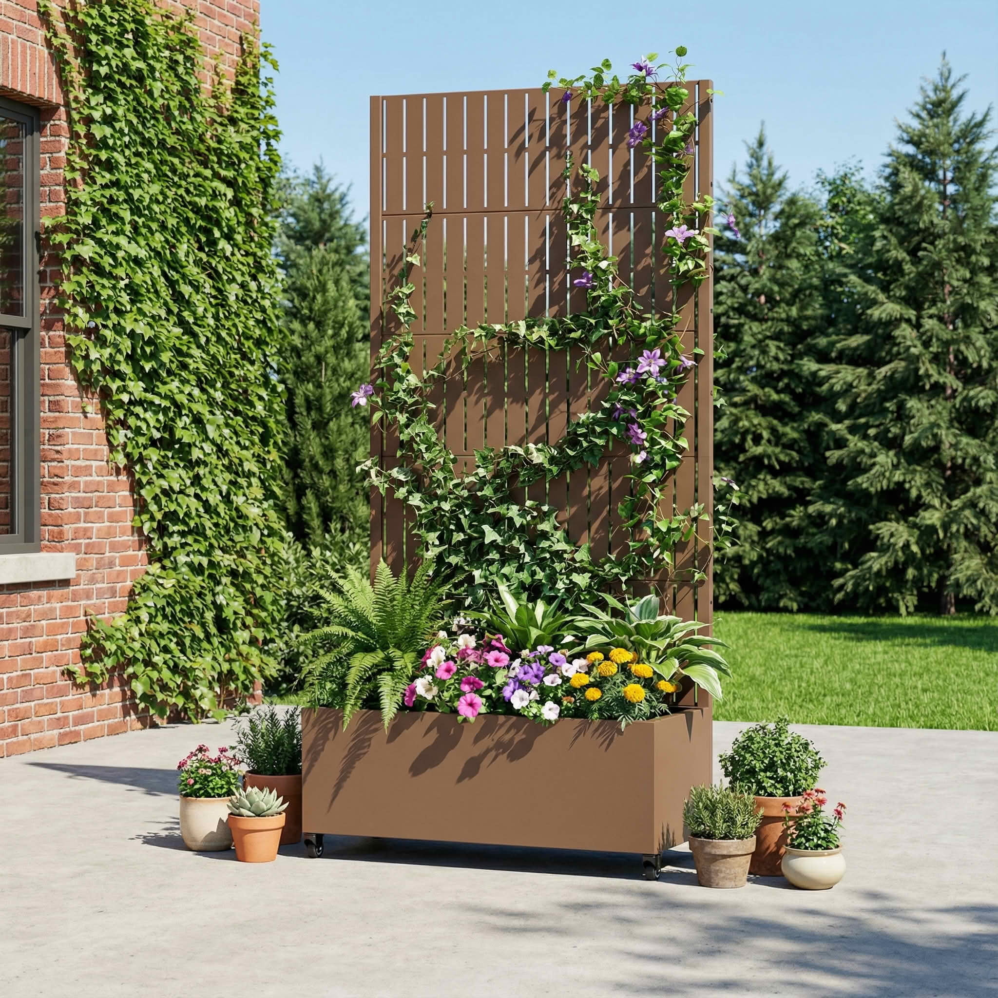MAYEERTY 72X35" Metal Outdoor Brown Privacy Screen with Planter Box for Backyard & Garden, 5 Piece Set