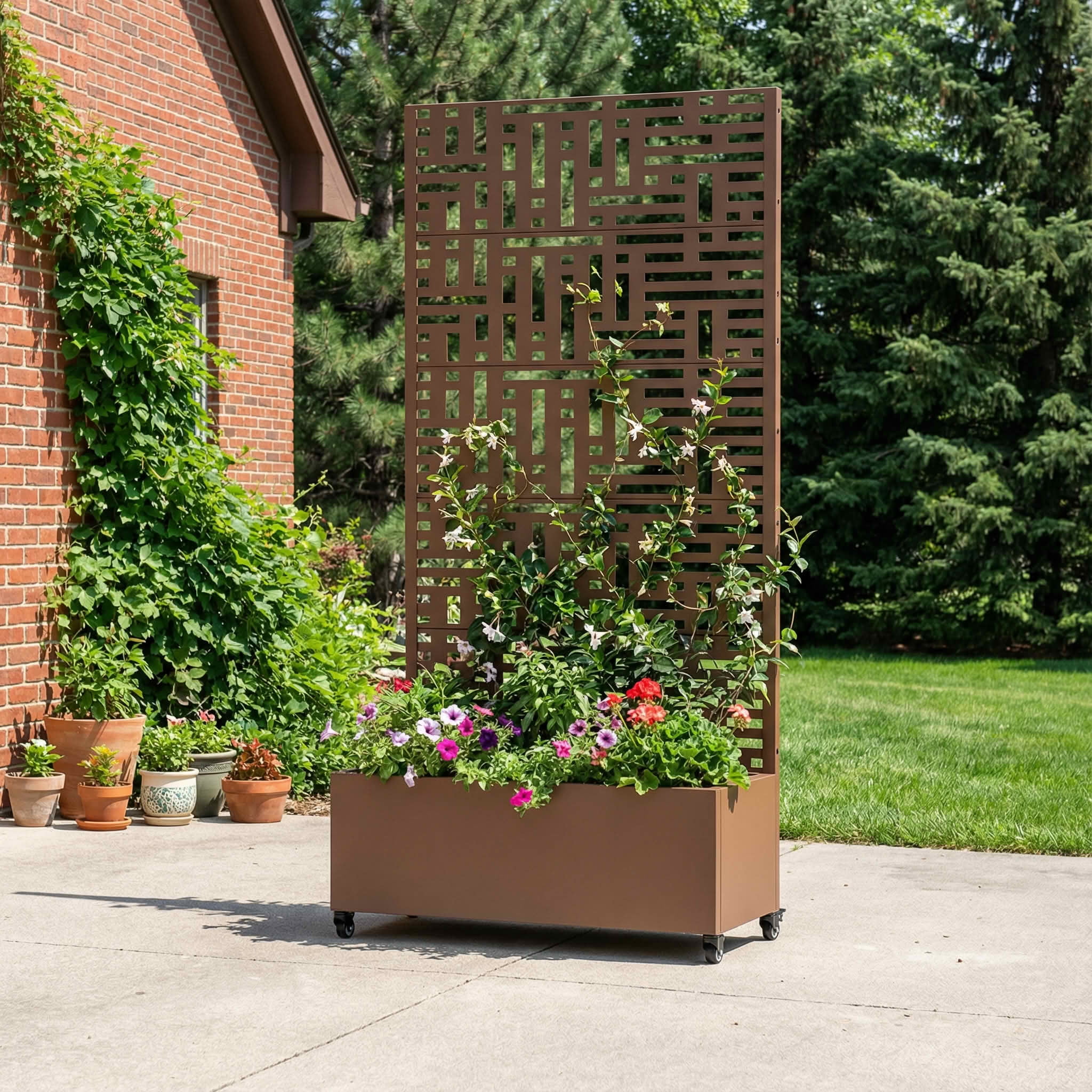 MAYEERTY 72X35" Metal Outdoor Brown Privacy Screen with Planter Box for Backyard & Garden, 5 Piece Set