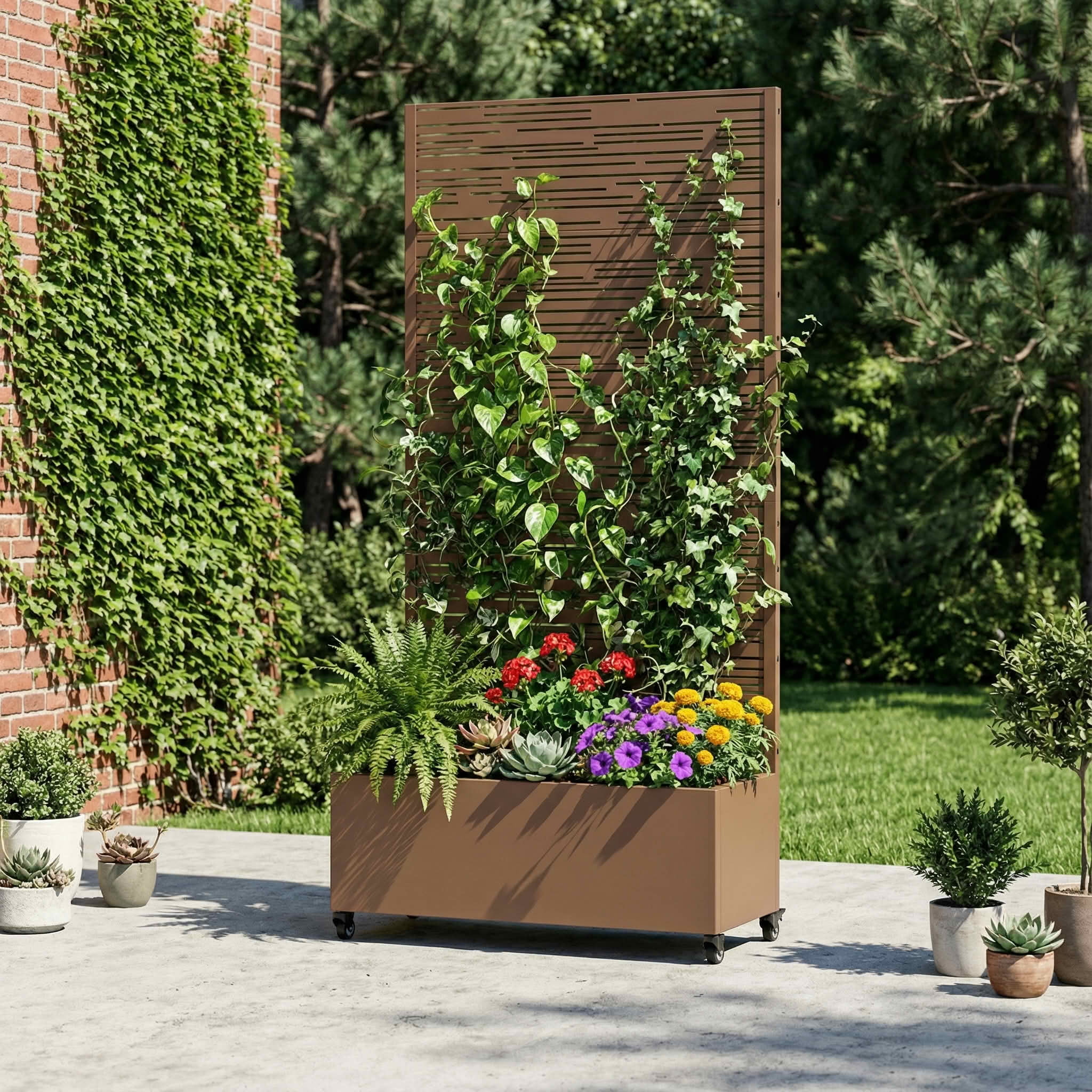 MAYEERTY 72X35" Metal Outdoor Brown Privacy Screen with Planter Box for Backyard & Garden, 5 Piece Set