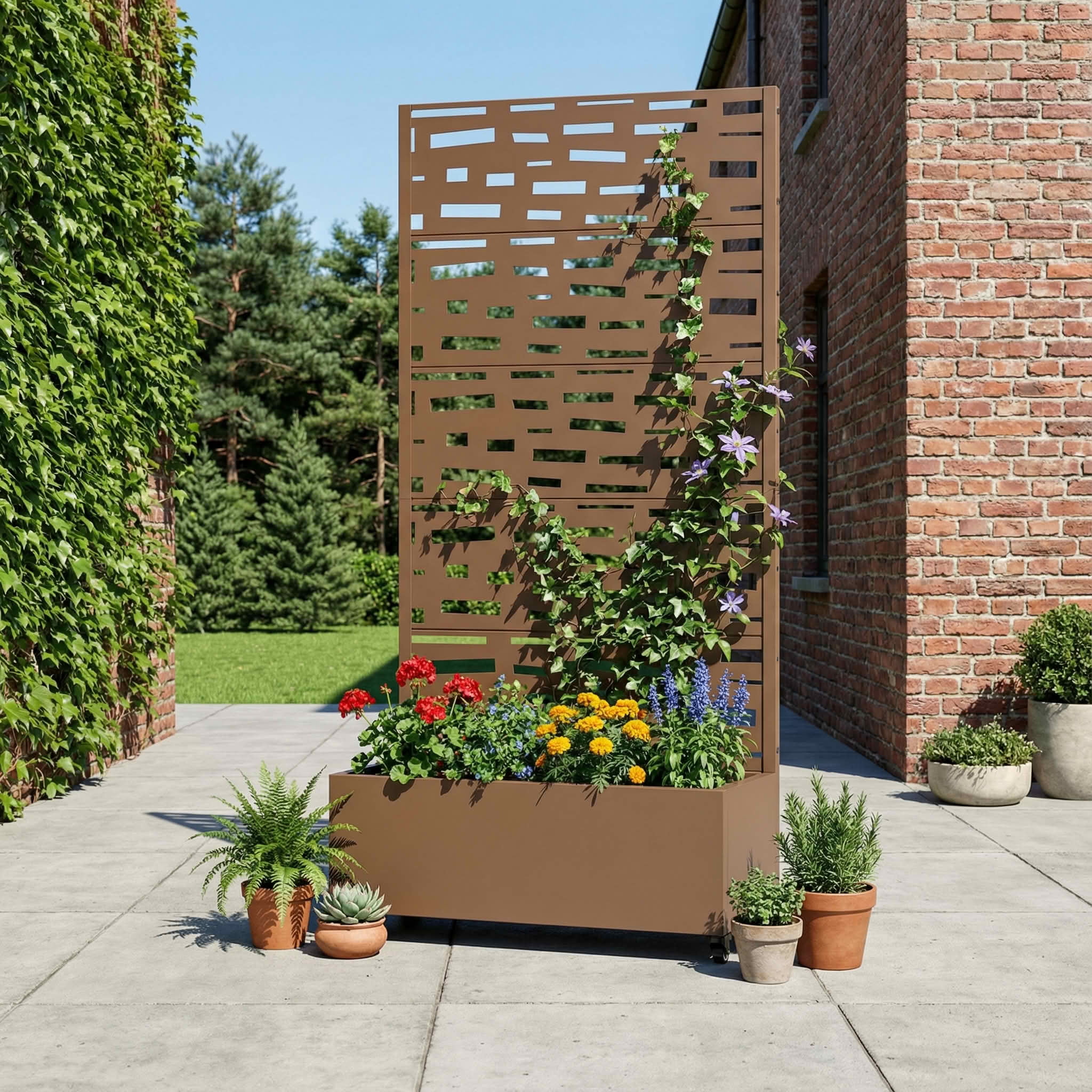 MAYEERTY 72X35" Metal Outdoor Brown Privacy Screen with Planter Box for Backyard & Garden, 5 Piece Set