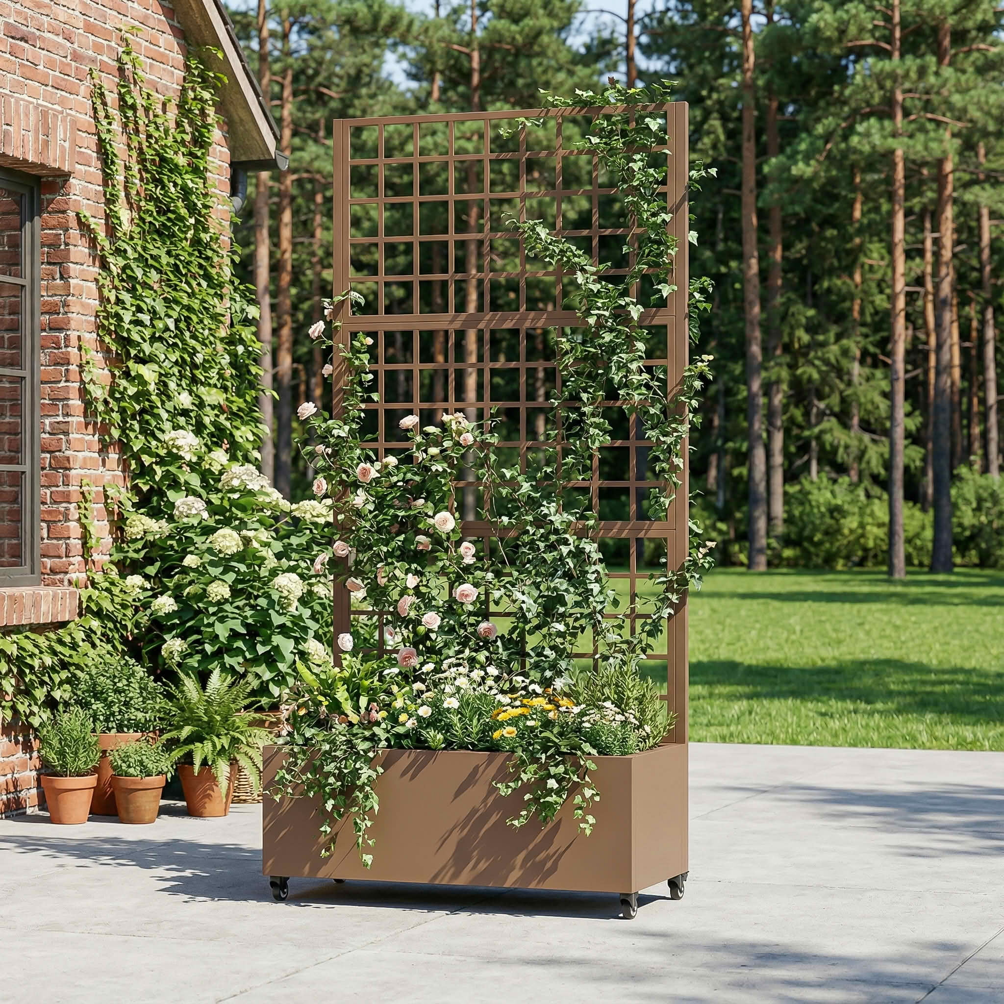 MAYEERTY 72X35" Metal Outdoor Brown Privacy Screen with Planter Box for Backyard & Garden, 5 Piece Set